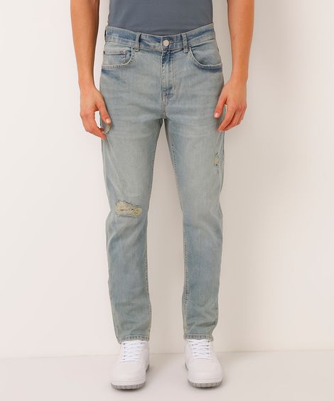 calça slim jeans destroyed azul
