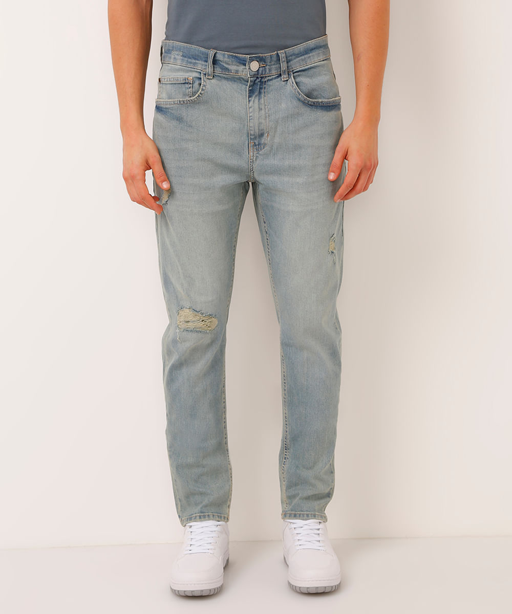 calça slim jeans destroyed azul
