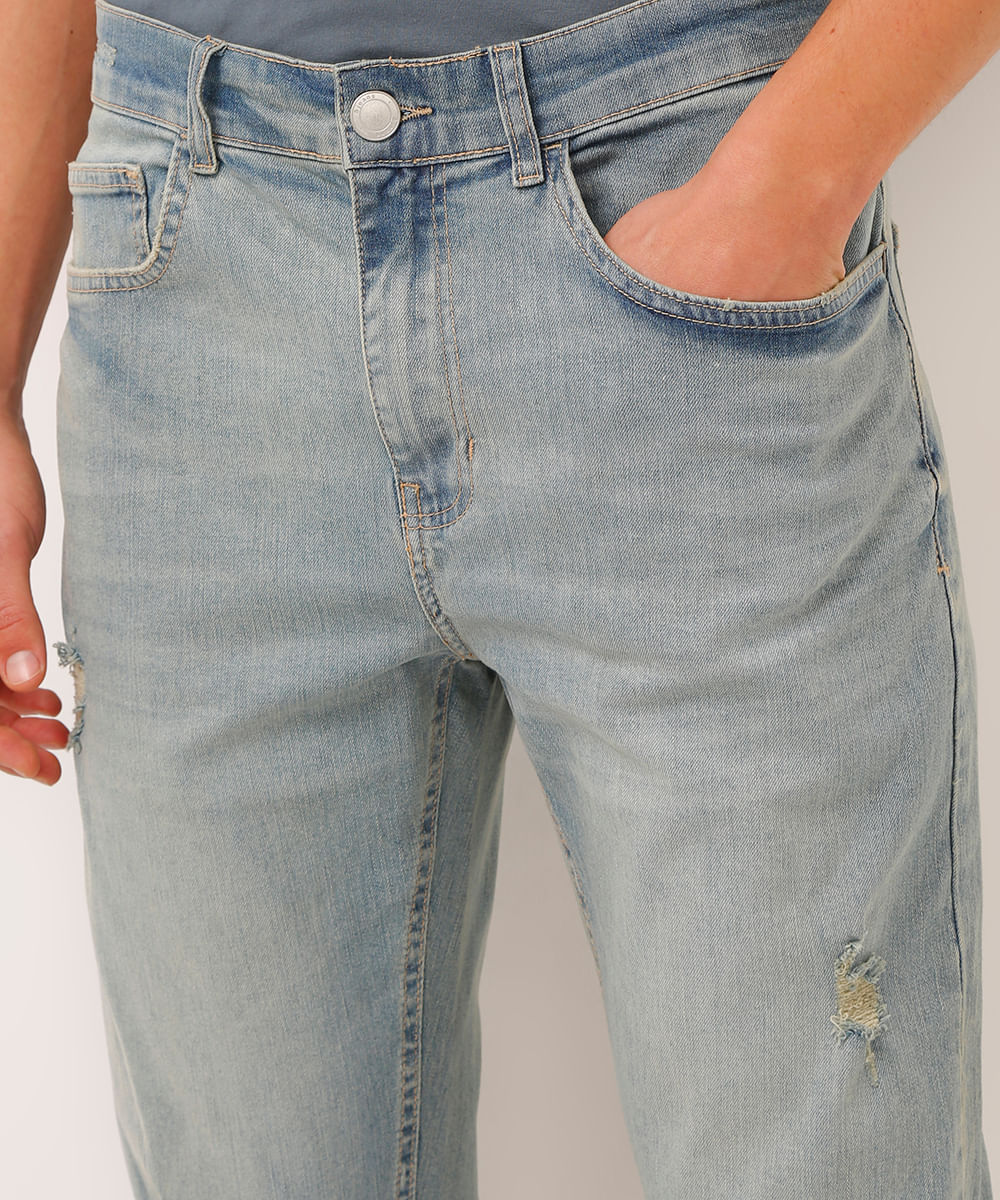 calça slim jeans destroyed azul