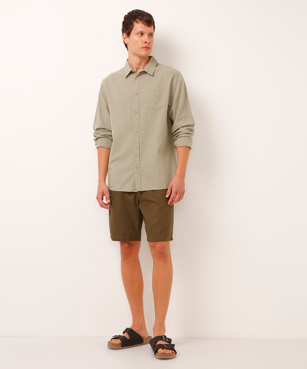 camisa comfort com linho manga longa verde