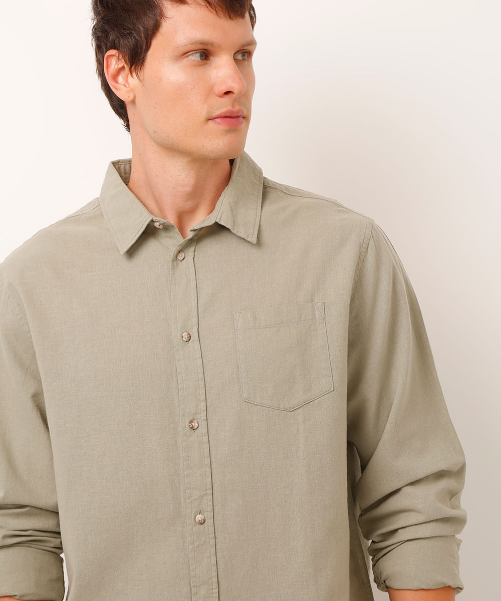 camisa comfort com linho manga longa verde