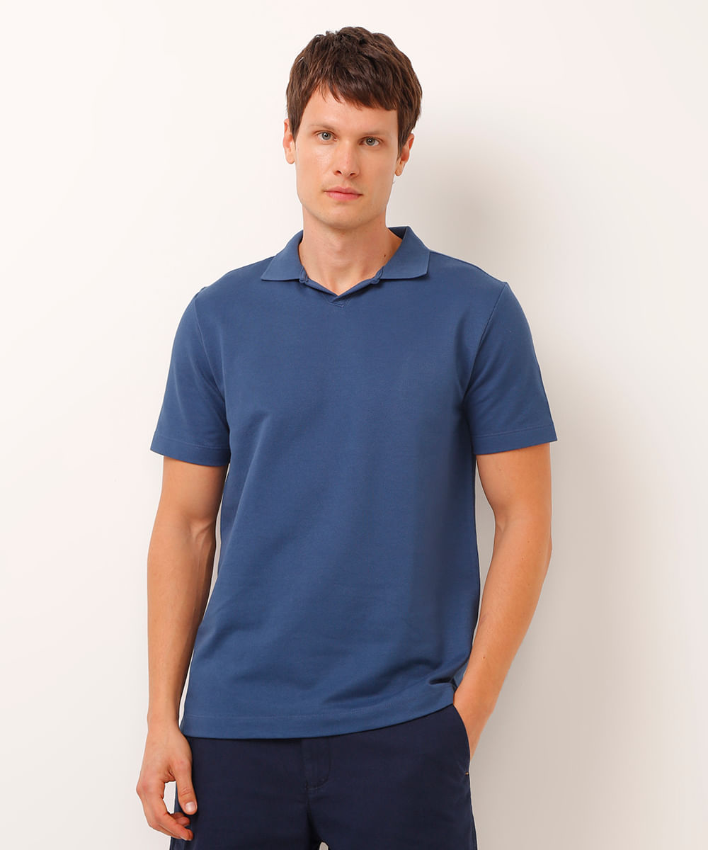 polo de algodão piquet manga curta azul