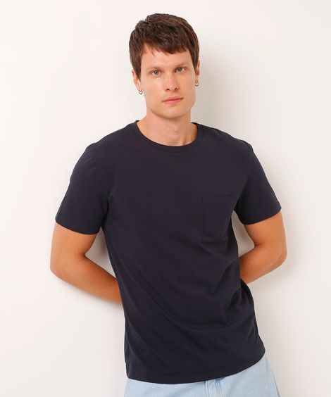 camiseta de algodão básica com bolsos manga curta azul marinho