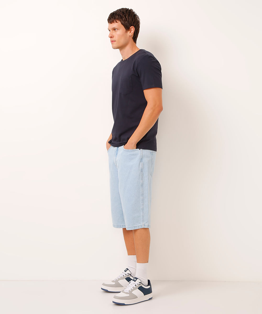 camiseta de algodão básica com bolsos manga curta azul marinho