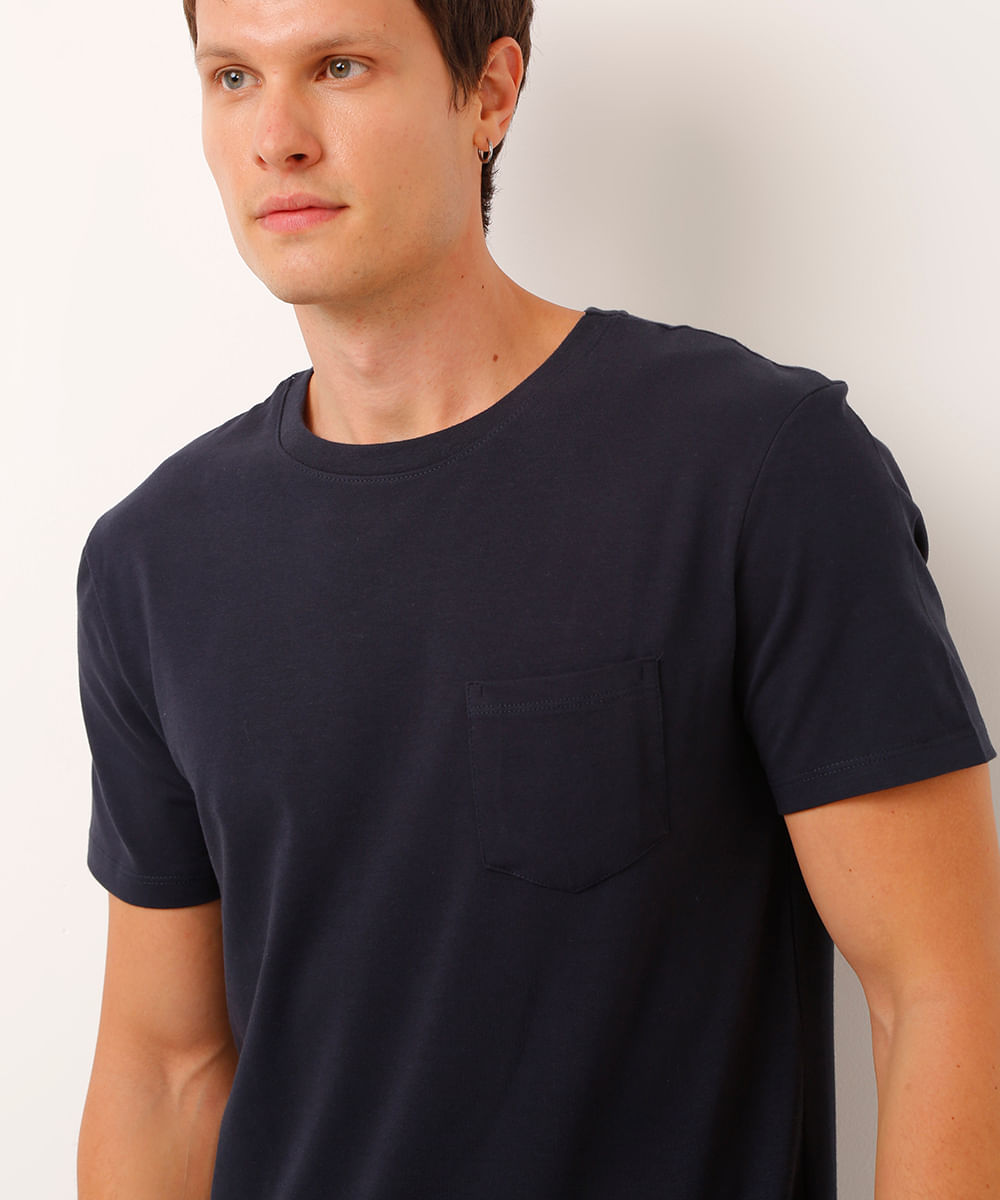 camiseta de algodão básica com bolsos manga curta azul marinho