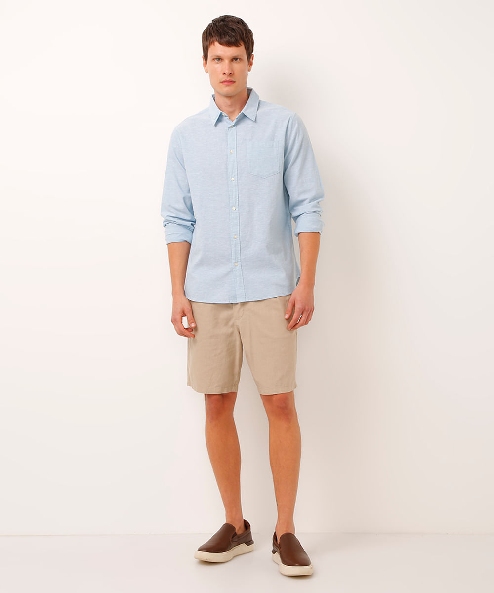 camisa comfort com linho manga longa azul