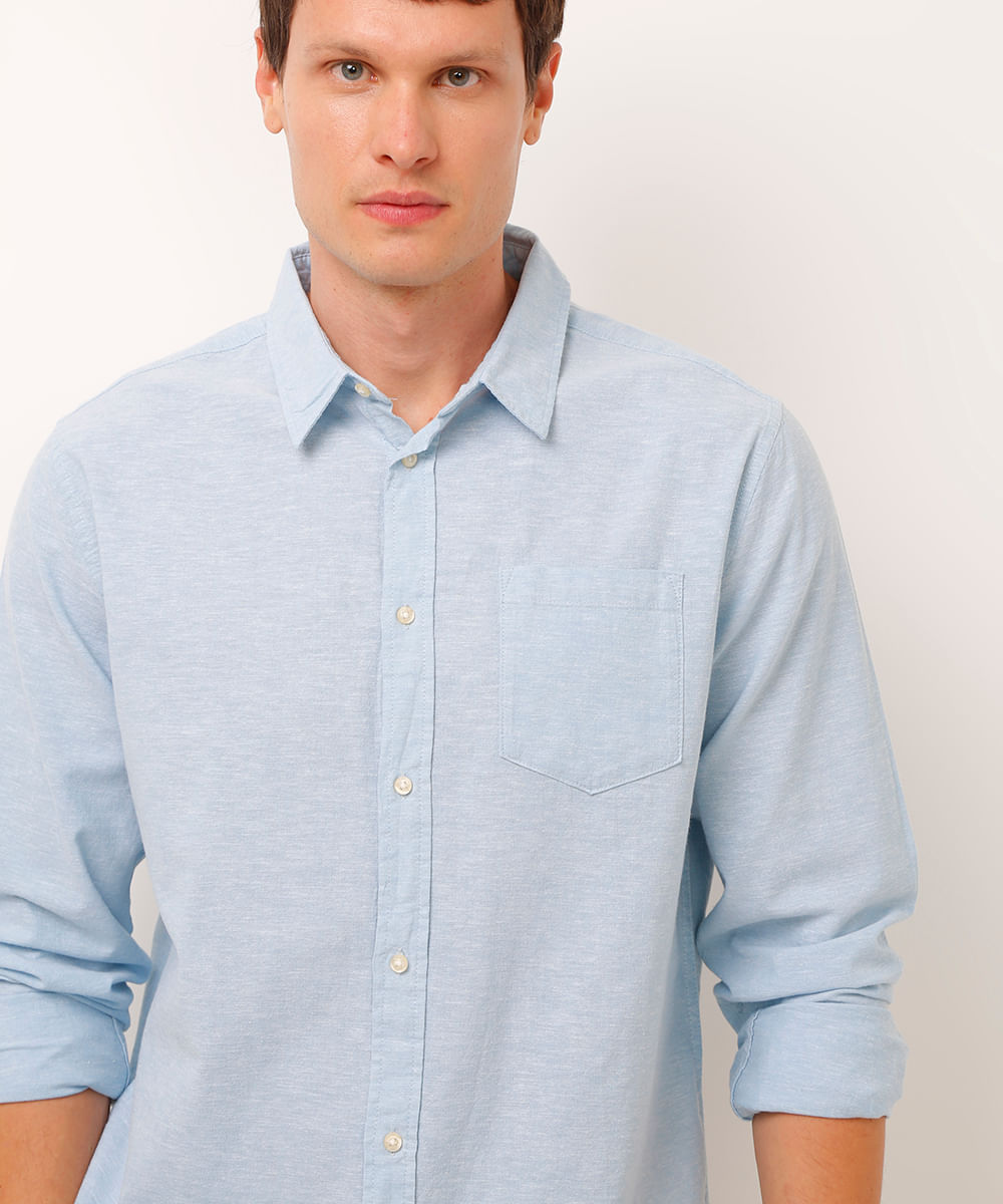 camisa comfort com linho manga longa azul