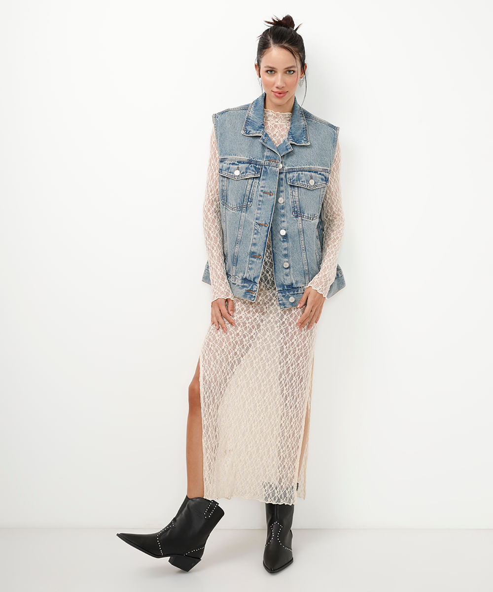 colete oversized jeans com bolsos azul