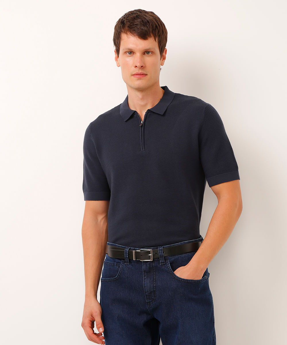 polo texturizada com zíper manga curta azul