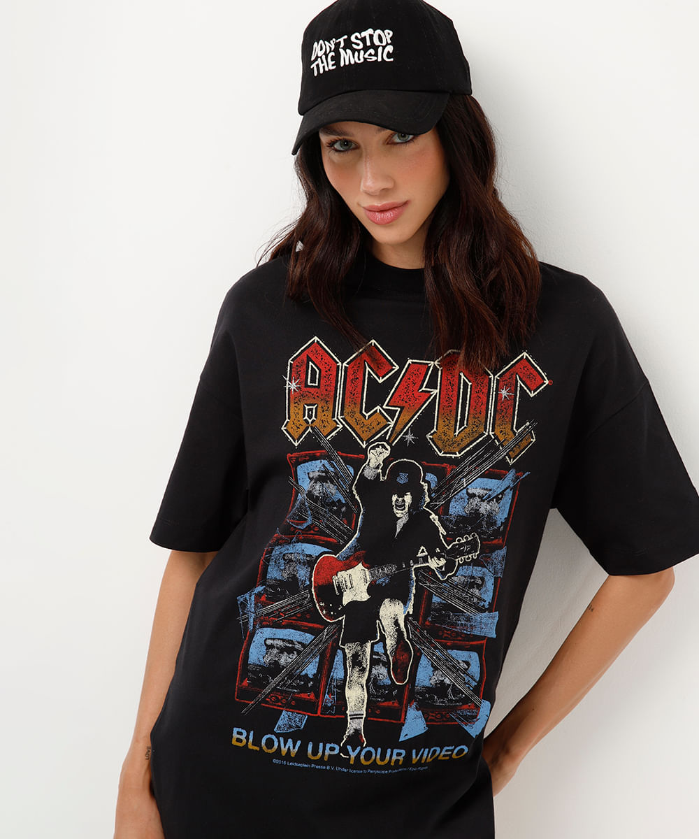 camiseta de algodão ac dc manga curta preto