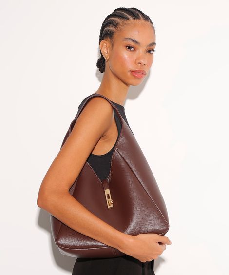 bolsa shoulder com fecho de metal marrom