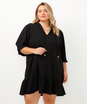 vestido texturizado mangas bufantes plus size preto