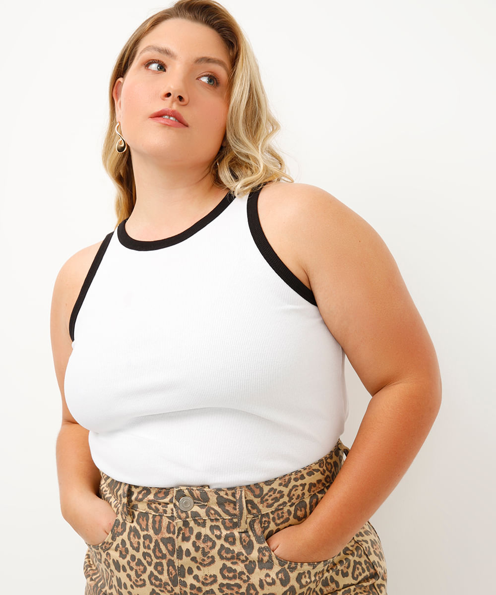 regata plus size de algodão canelada - off white