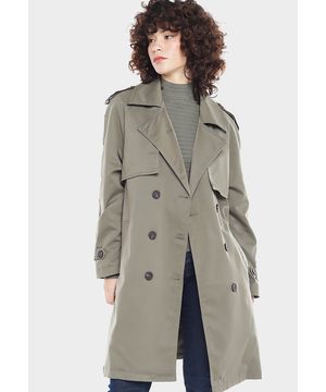 Casaco Trench Coat Verde Militar Forrado com Bolso e Cinto Sob