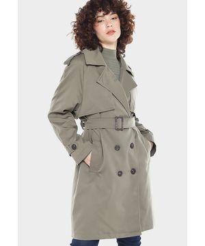 Casaco Trench Coat Verde Militar Forrado com Bolso e Cinto Sob