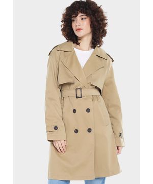 Casaco Trench Coat Kaki Bege Forrado com Bolso e Cinto Sob