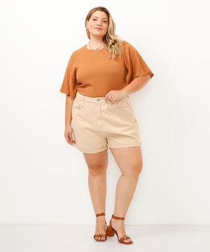 short mom de sarja cós com elástico plus size bege