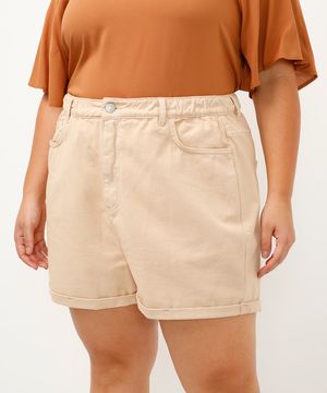 short mom de sarja cós com elástico plus size bege