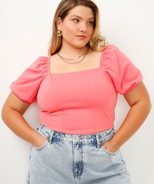 blusa corset plus size manga bufante rosa