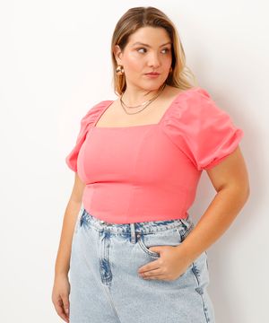 blusa corset plus size manga bufante rosa