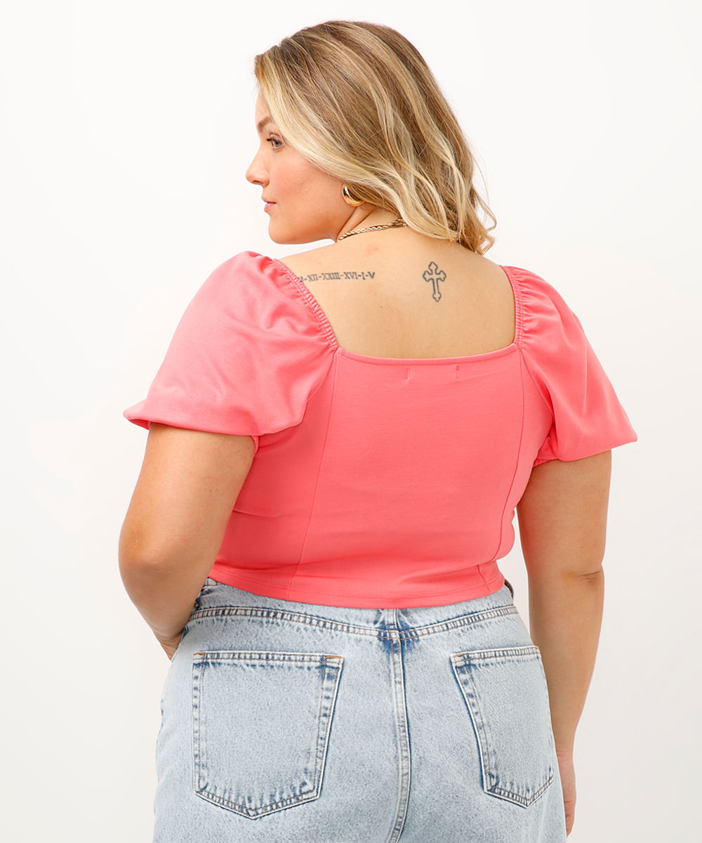 blusa corset plus size manga bufante rosa