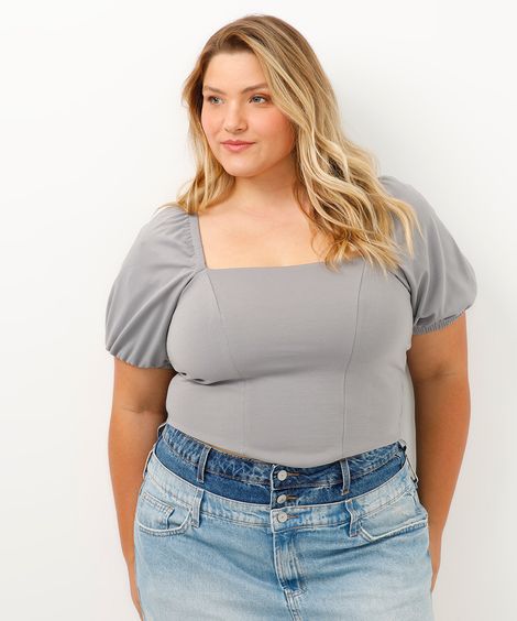 blusa corset plus size manga bufante cinza