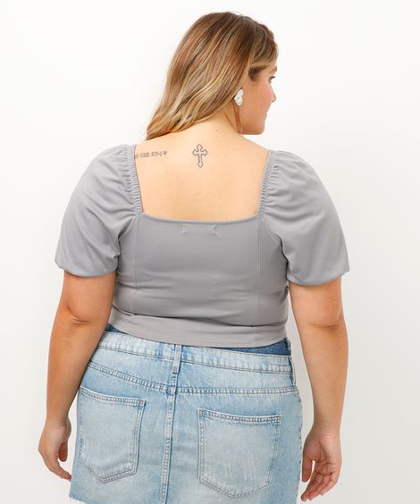 blusa corset plus size manga bufante cinza
