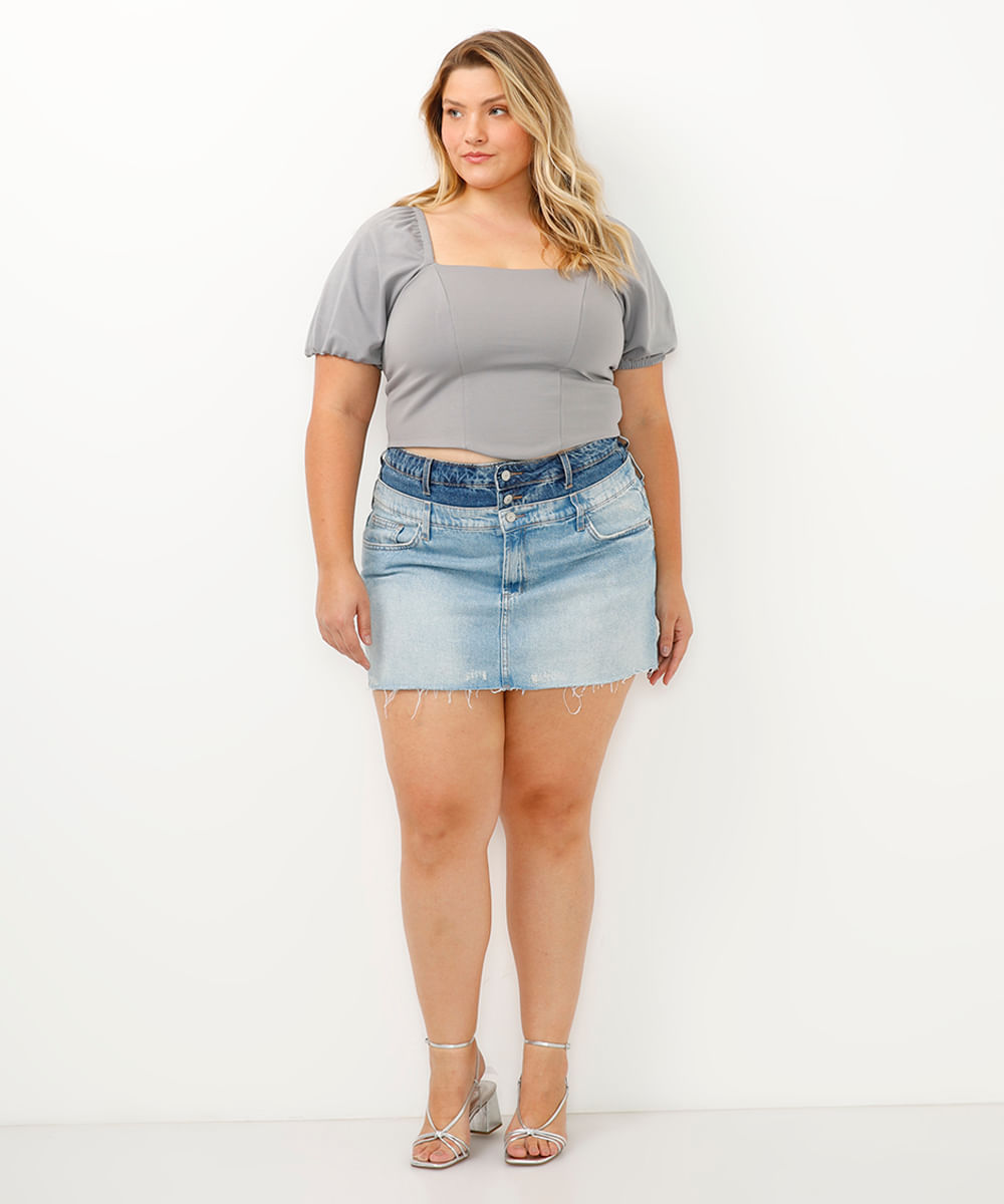 blusa corset plus size manga bufante cinza
