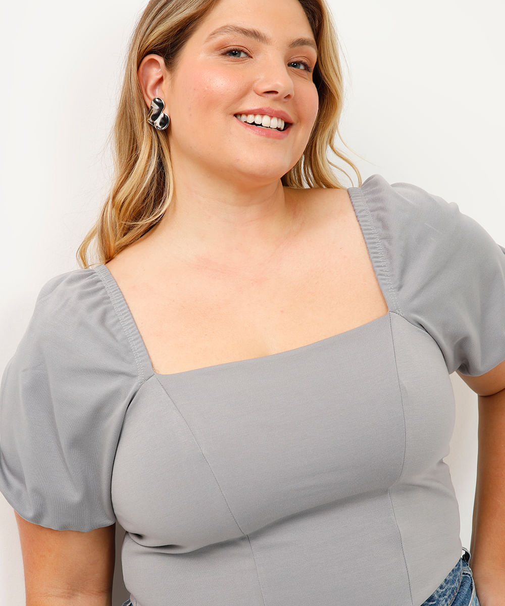 blusa corset plus size manga bufante cinza