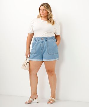 short clochard jeans cós com elástico plus size azul