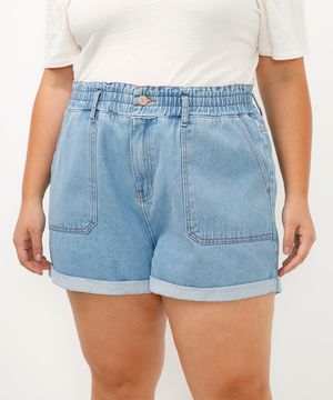 short clochard jeans cós com elástico plus size azul