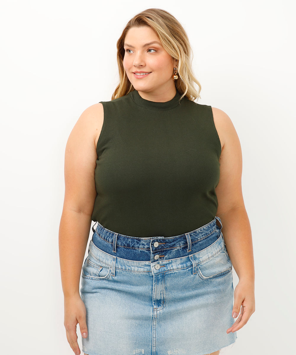 regata plus size gola alta verde militar