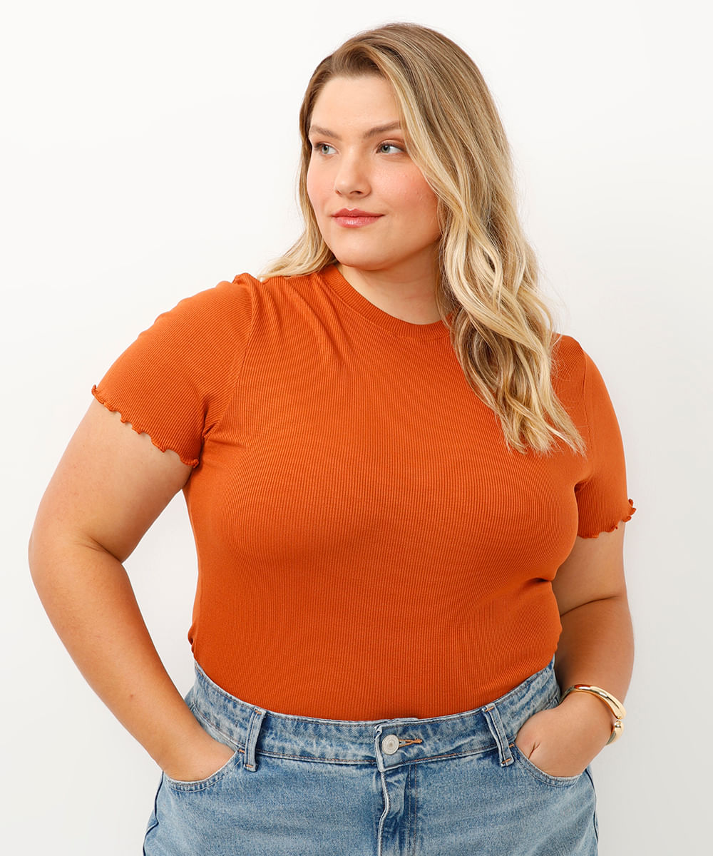 blusa plus size canelada gola alta fru fru marrom