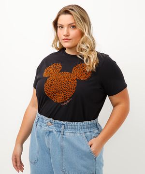 camiseta de algodão mickey animal print plus size preta