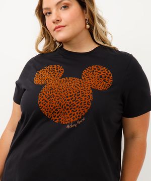 camiseta de algodão mickey animal print plus size preta