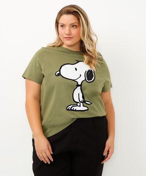 camiseta snoopy de algodão plus size verde militar