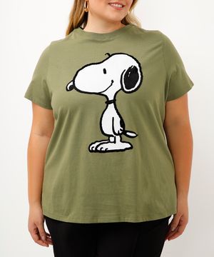 camiseta snoopy de algodão plus size verde militar