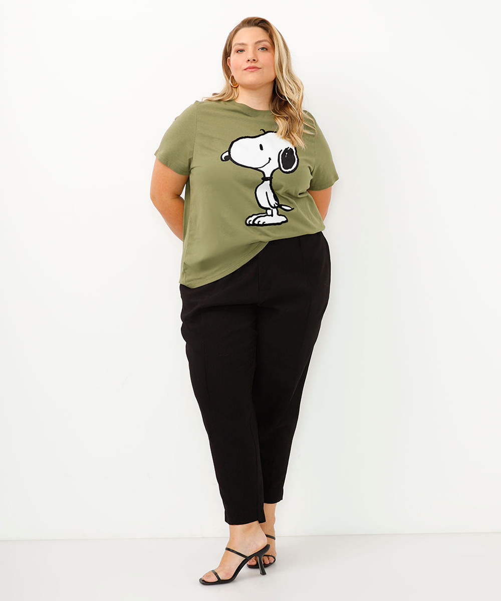 camiseta snoopy de algodão plus size verde militar