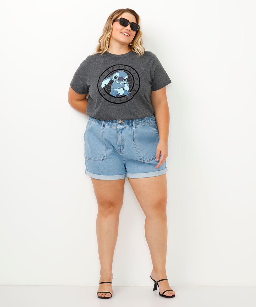 camiseta stitch plus size cinza mescla