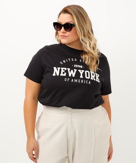 camiseta de algodão plus size new york preta