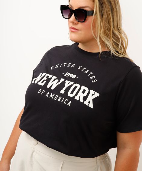 camiseta de algodão plus size new york preta