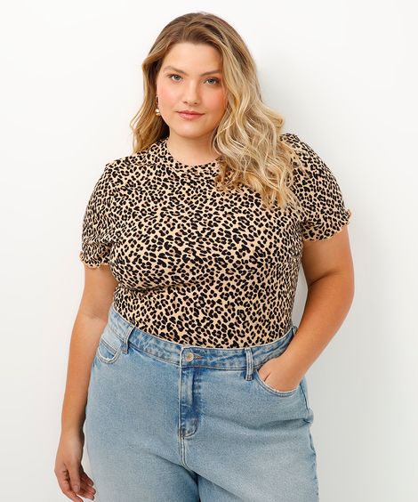 blusa de viscose canelada animal print frufru bege