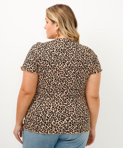 blusa de viscose canelada animal print frufru bege