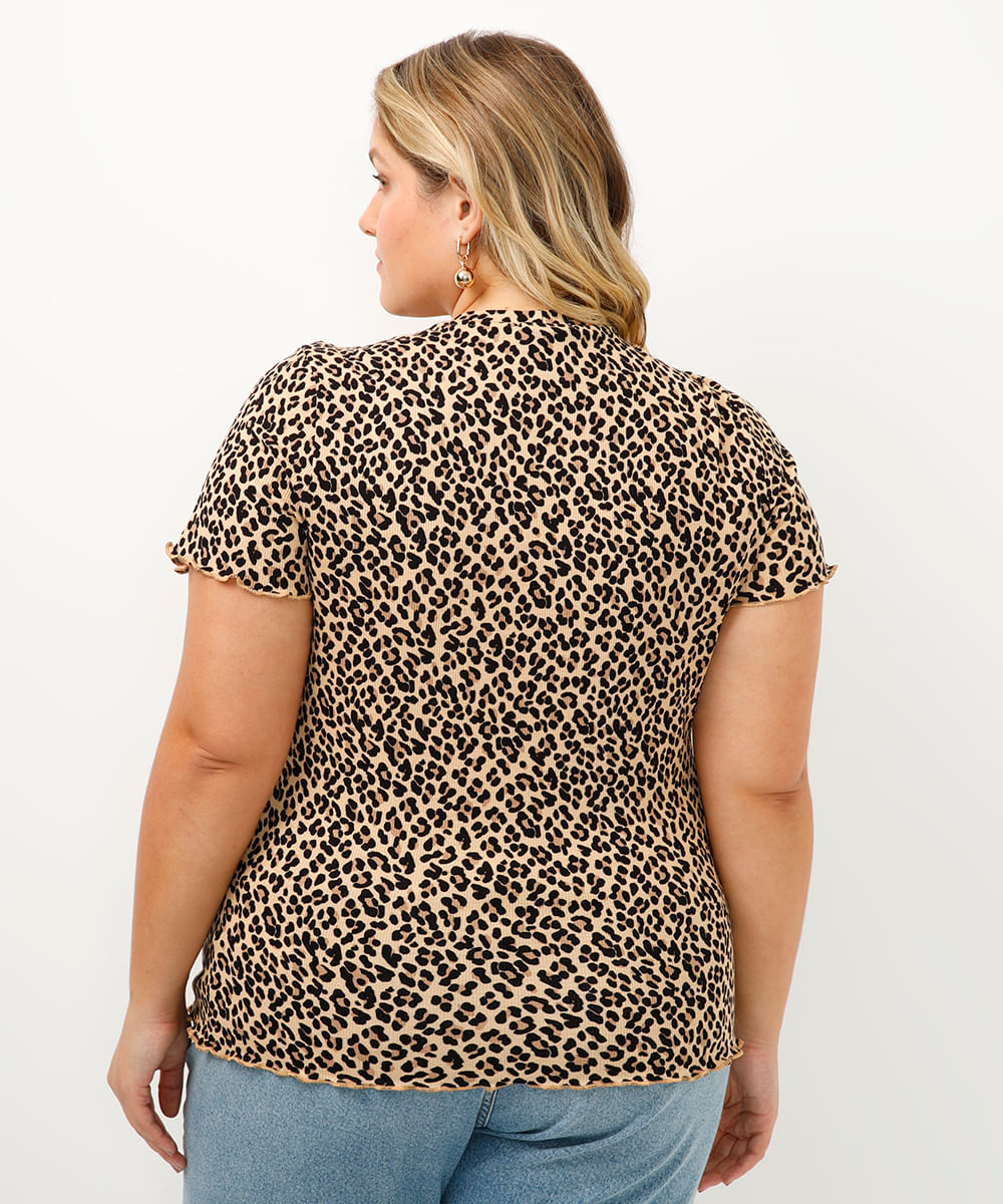 blusa de viscose canelada animal print frufru bege