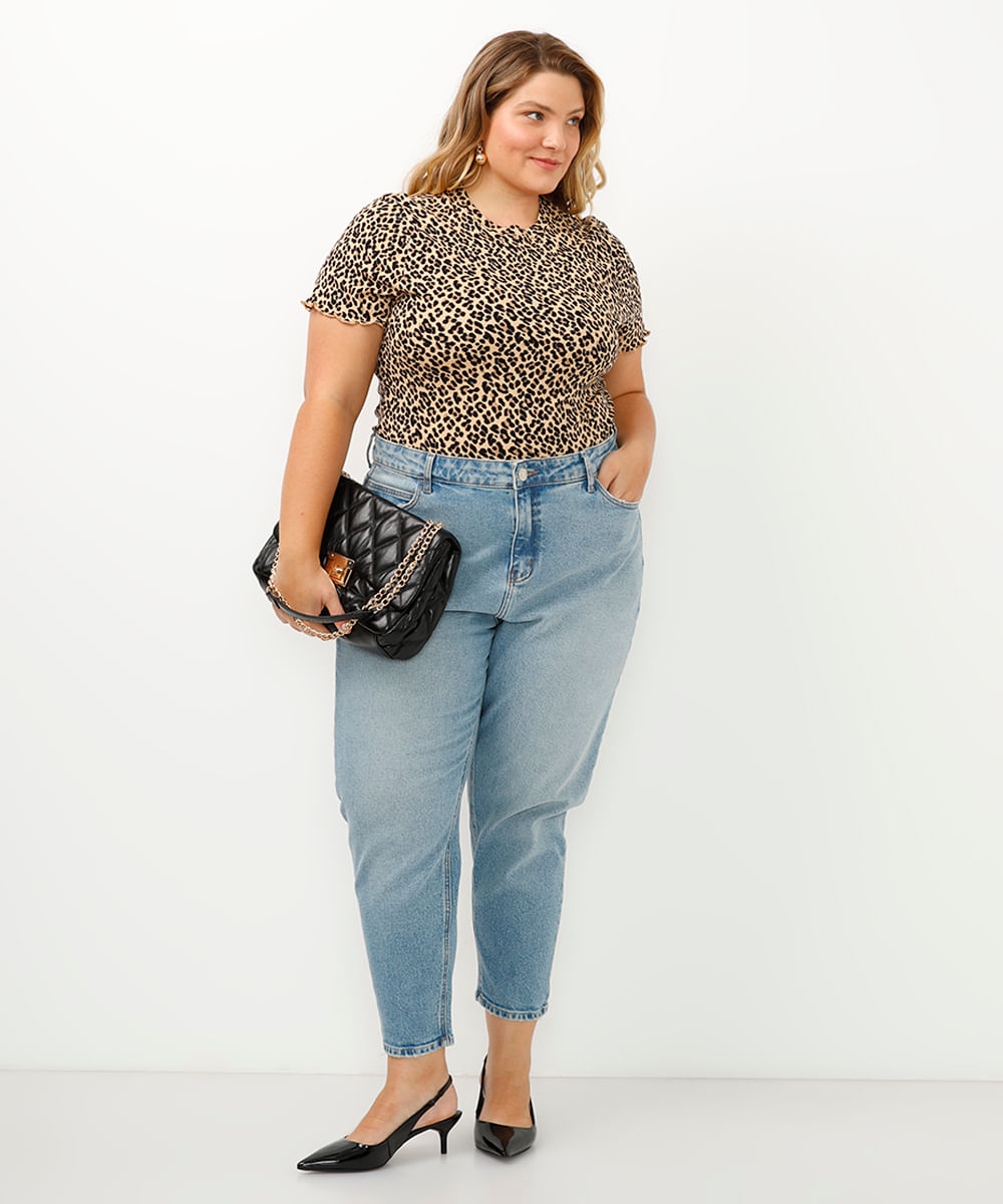 blusa de viscose canelada animal print frufru bege
