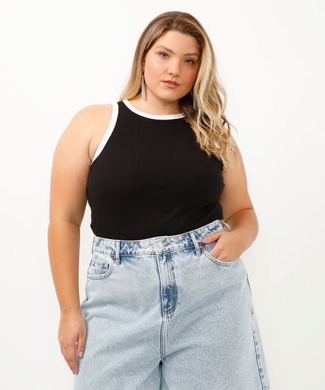 regata plus size de algodão canelada - preto