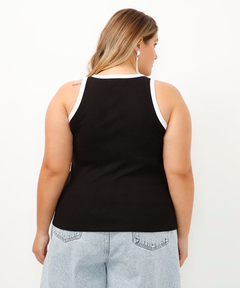 regata plus size de algodão canelada - preto