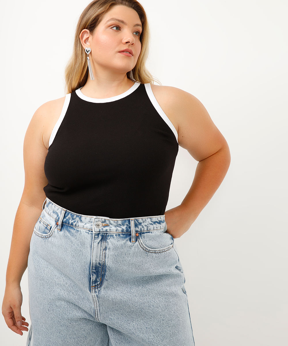 regata plus size de algodão canelada - preto