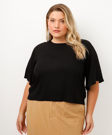 blusa de viscose plus size manga sino preta
