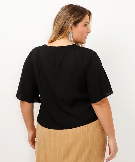 blusa de viscose plus size manga sino preta